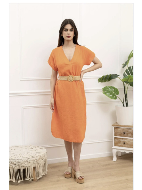 Robe midi en gaze de coton col V manches courtes ceinturée