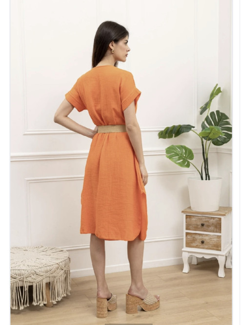 Robe midi en gaze de coton col V manches courtes ceinturée