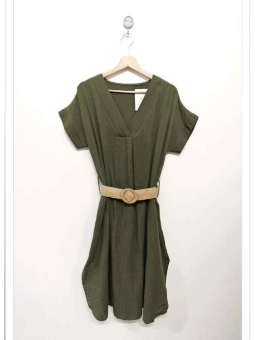 Robe midi en gaze de coton col V manches courtes ceinturée
