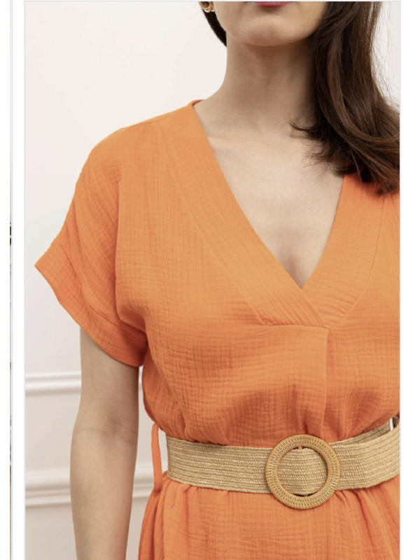 Robe midi en gaze de coton col V manches courtes ceinturée