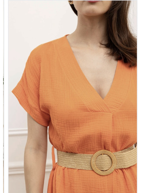 Robe midi en gaze de coton col V manches courtes ceinturée