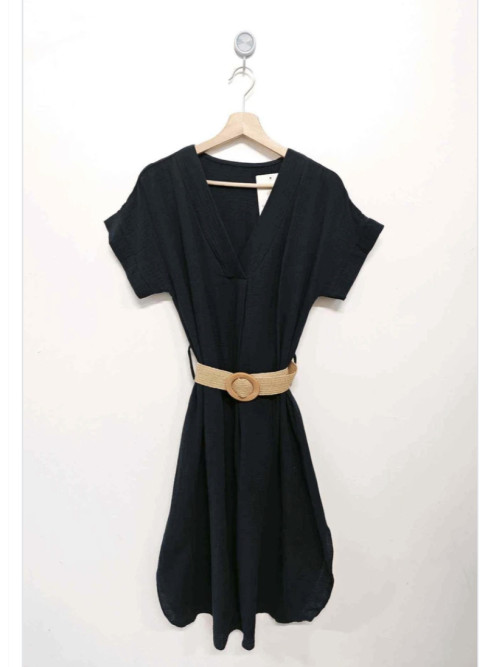 Robe midi en gaze de coton col V manches courtes ceinturée