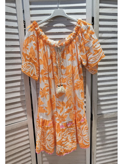 Robe tunique imprimée en gaze de coton manches courtes