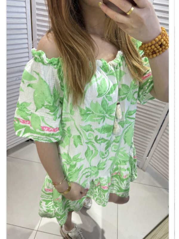 Robe tunique imprimée en gaze de coton manches courtes