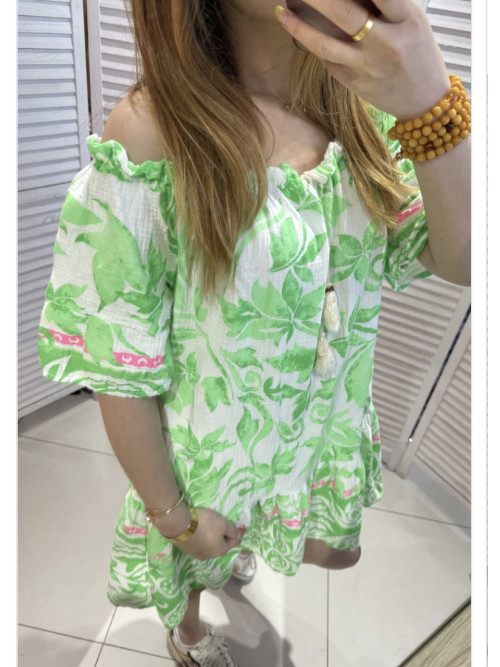 Robe tunique imprimée en gaze de coton manches courtes