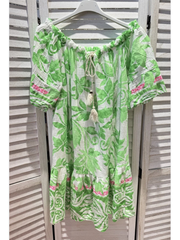 Robe tunique imprimée en gaze de coton manches courtes