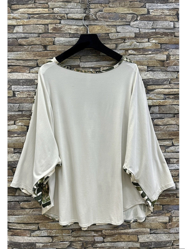 Top satiné bi matière imprimé exotique manches 3/4