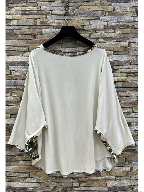 Top satiné bi matière imprimé exotique manches 3/4
