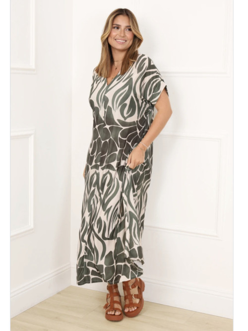 Robe longue fluide imprimée col V manches courtes