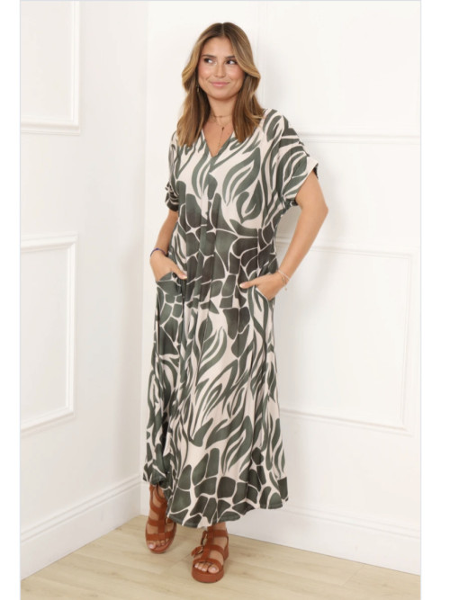 Robe longue fluide imprimée col V manches courtes