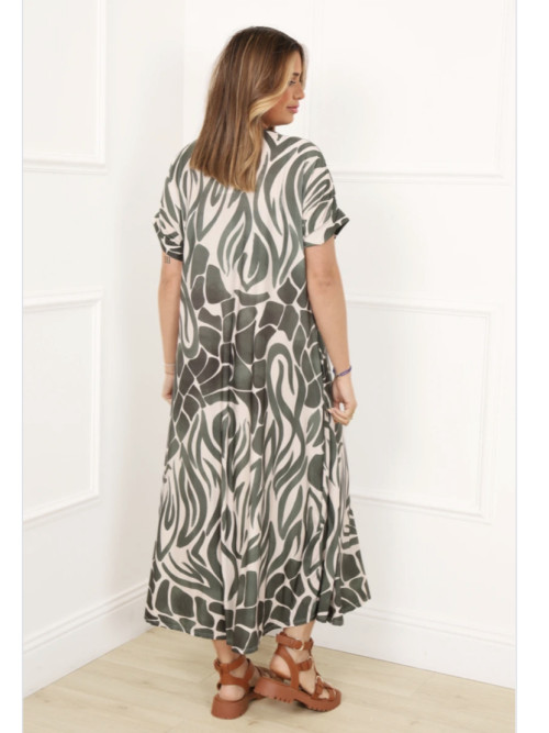 Robe longue fluide imprimée col V manches courtes