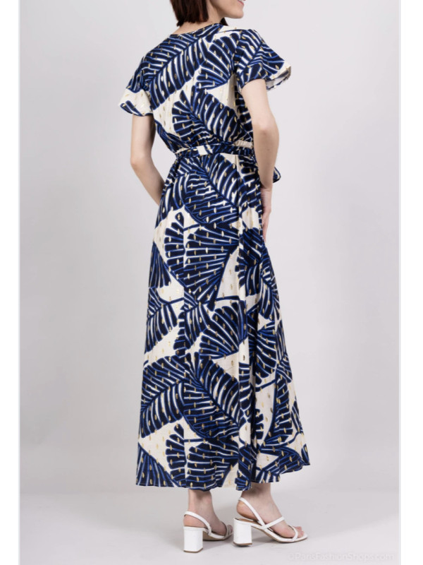 Robe longue imprimée avec touche dorée manches courtes