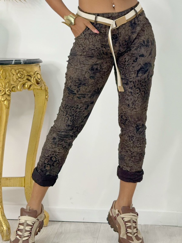 Pantalon toile stretch imprimé avec ceinture