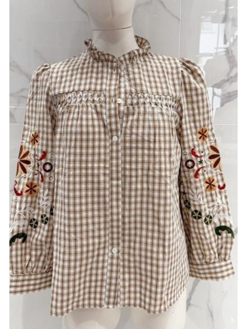 Chemise à carreaux col frou-frou manches longues brodées