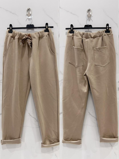 Pantalon jersey uni ceinture léopard