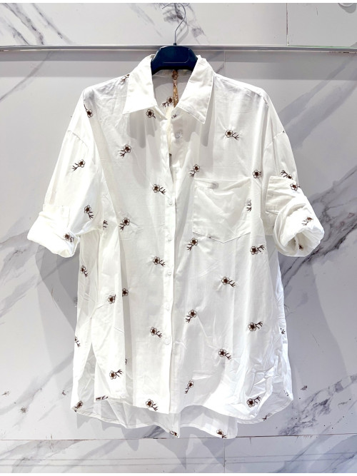 Chemise longue évasée brodée manches longues