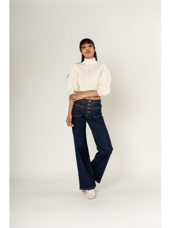 Jean flare stretch taille haute poches plaquées