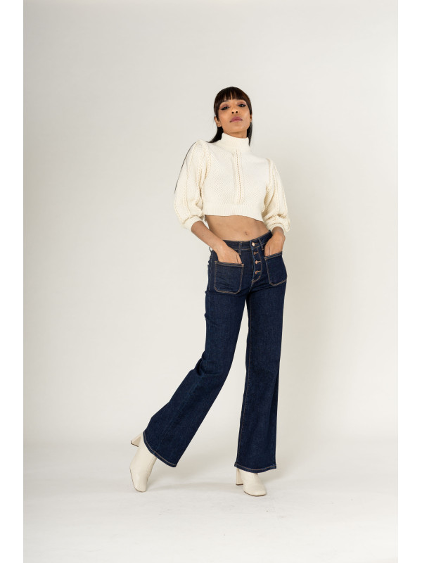 Jean flare stretch taille haute poches plaquées