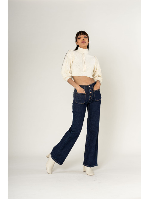 Jean flare stretch taille haute poches plaquées