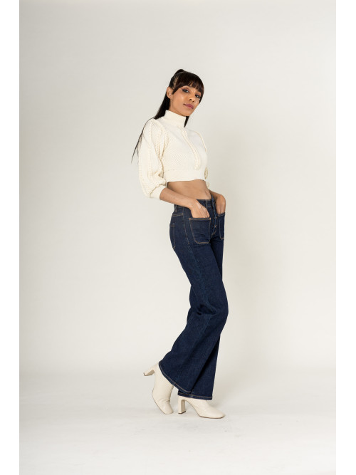 Jean flare stretch taille haute poches plaquées