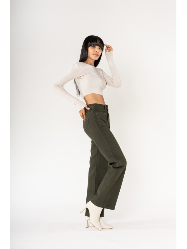 Jean flare stretch taille haute poches plaquées