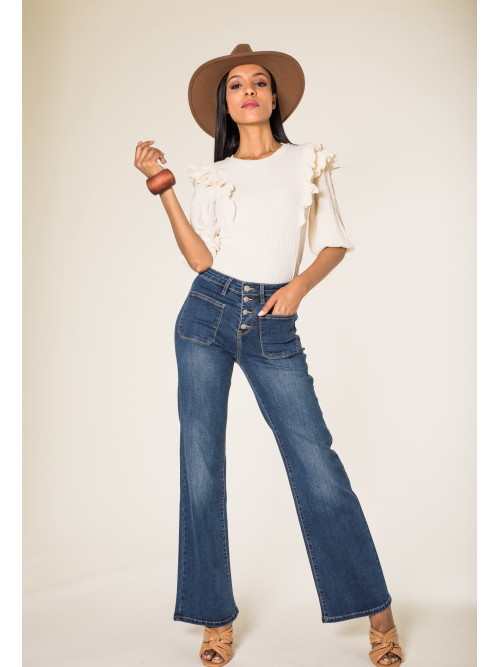 Jean flare stretch taille haute poches plaquées