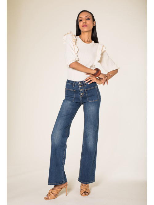 Jean flare stretch taille haute poches plaquées