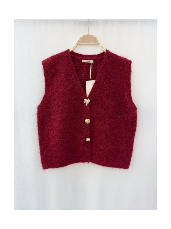 Gilet maille avec 3 boutons bijoux dorés sans manche