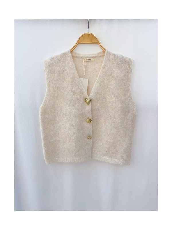 Gilet maille avec 3 boutons bijoux dorés sans manche