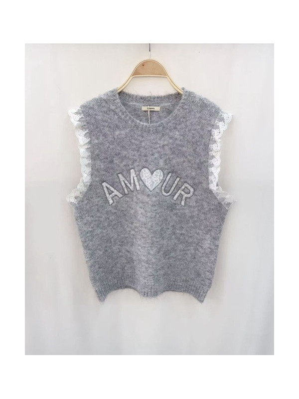 Pull AMOUR sans manche avec dentelle col rond