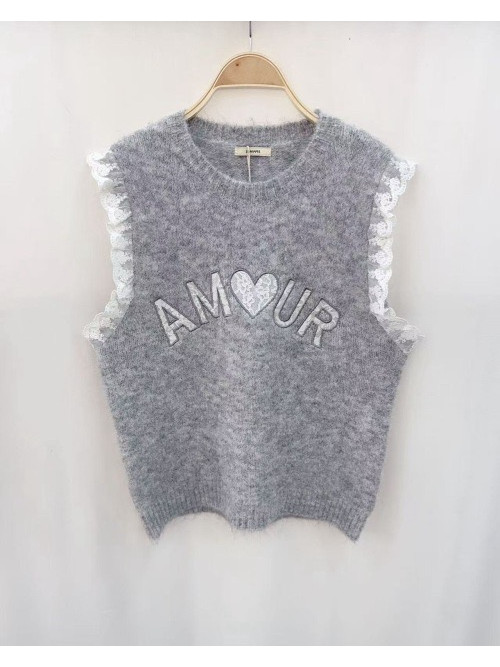 Pull AMOUR sans manche avec dentelle col rond