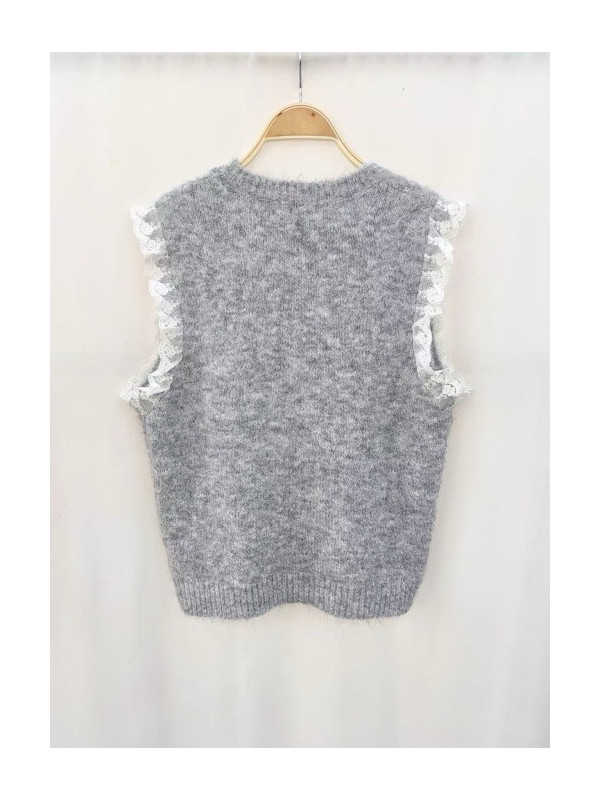 Pull AMOUR sans manche avec dentelle col rond