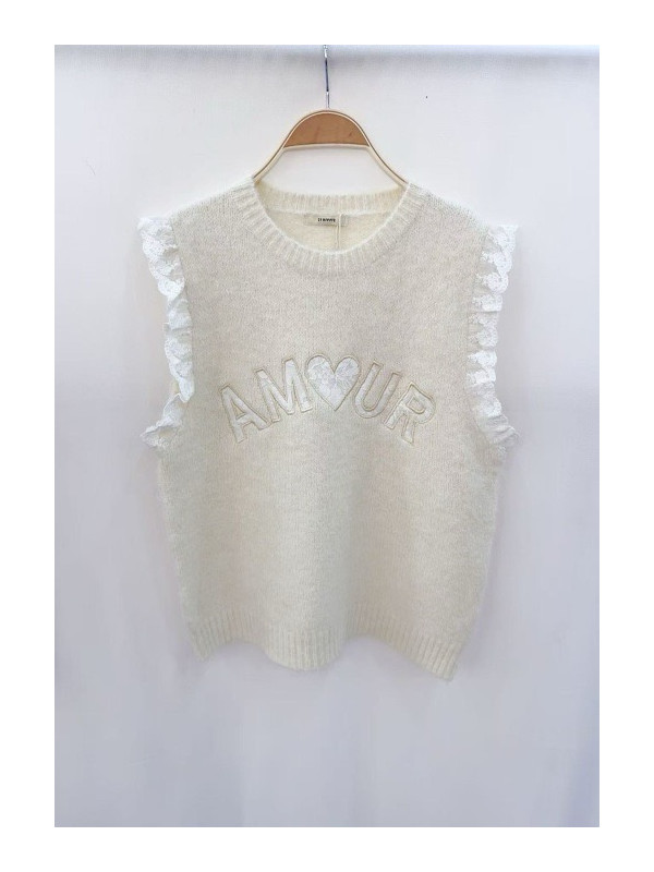Pull AMOUR sans manche avec dentelle col rond