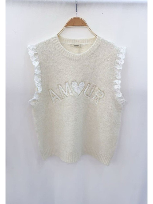 Pull AMOUR sans manche avec dentelle col rond