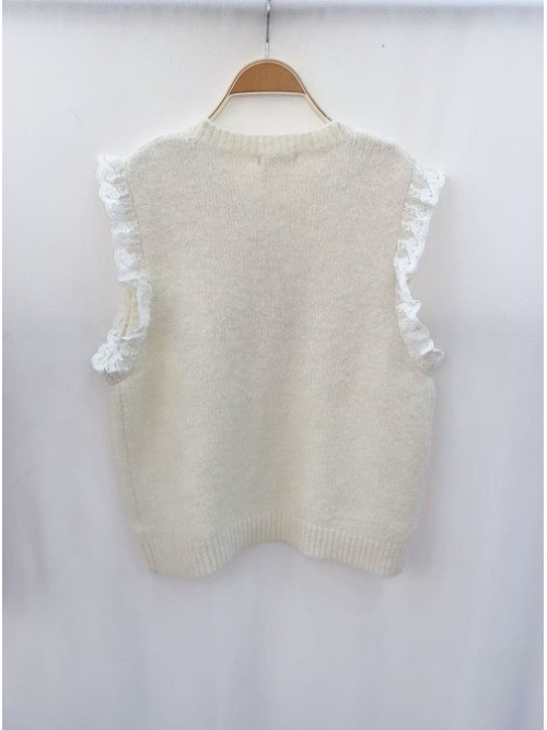Pull AMOUR sans manche avec dentelle col rond