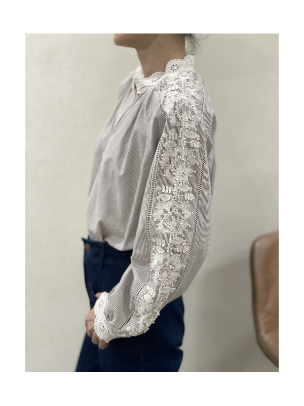 Chemise rayée col et manches en broderies festonnées