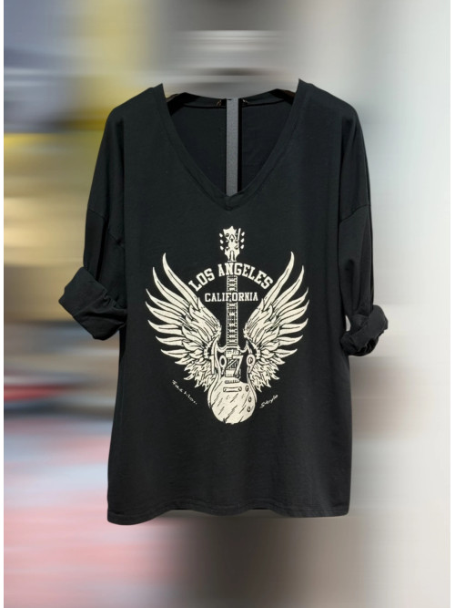 T-shirt motif guitare rock col V manches longues