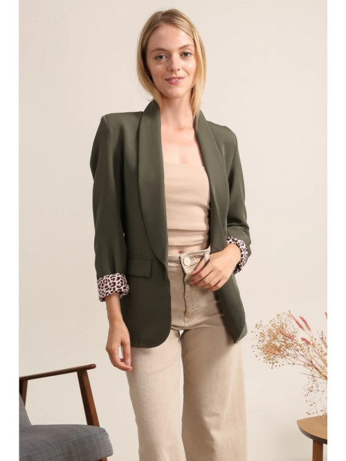 Veste tailleur unie manches longues revers léopard
