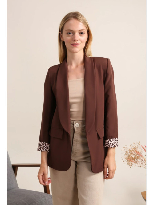 Veste tailleur unie manches longues revers léopard