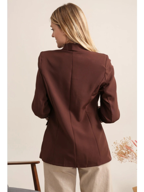 Veste tailleur unie manches longues revers léopard
