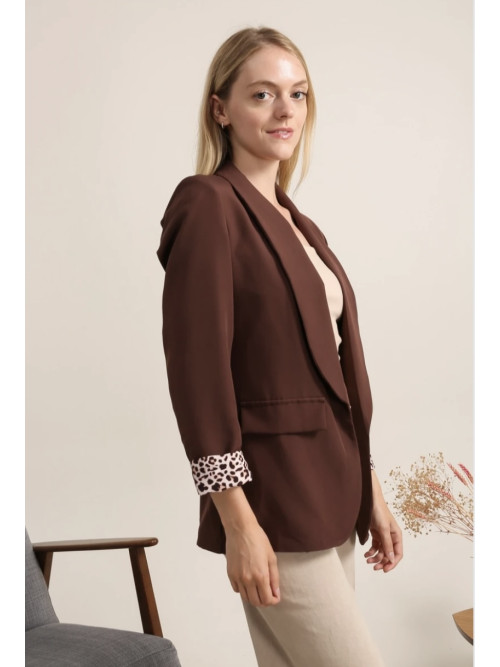Veste tailleur unie manches longues revers léopard