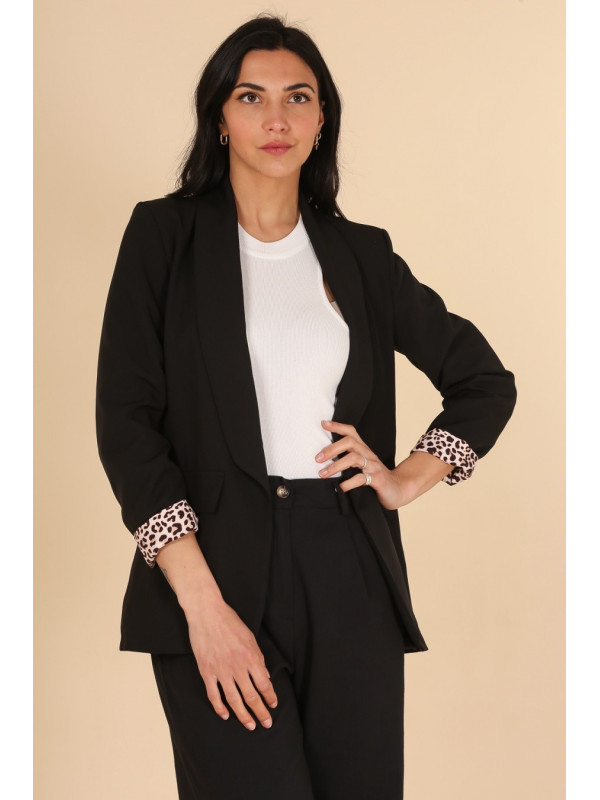 Veste tailleur unie manches longues revers léopard