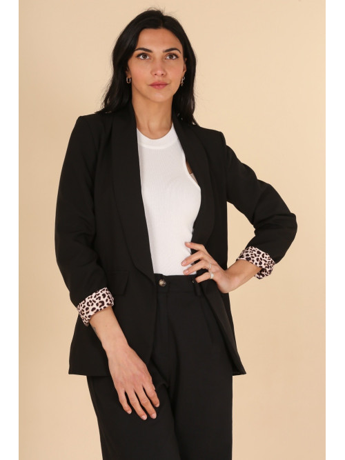 Veste tailleur unie manches longues revers léopard