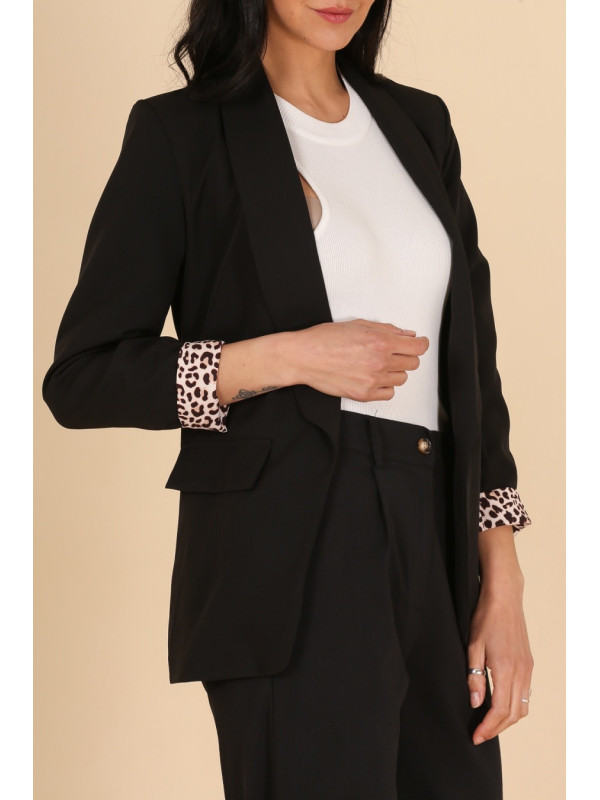 Veste tailleur unie manches longues revers léopard