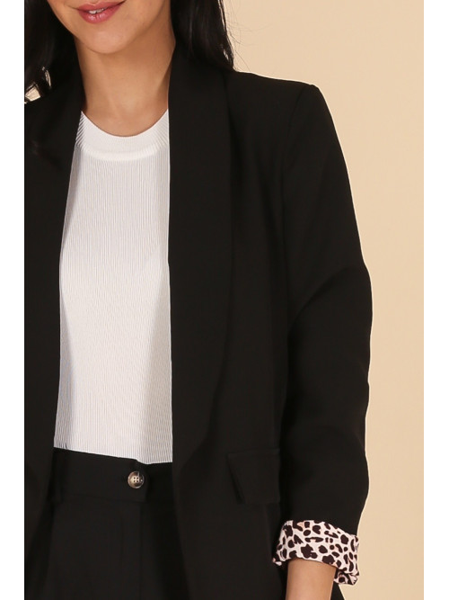 Veste tailleur unie manches longues revers léopard