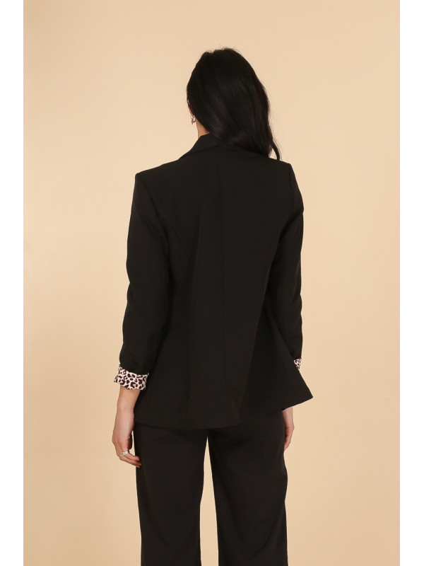 Veste tailleur unie manches longues revers léopard