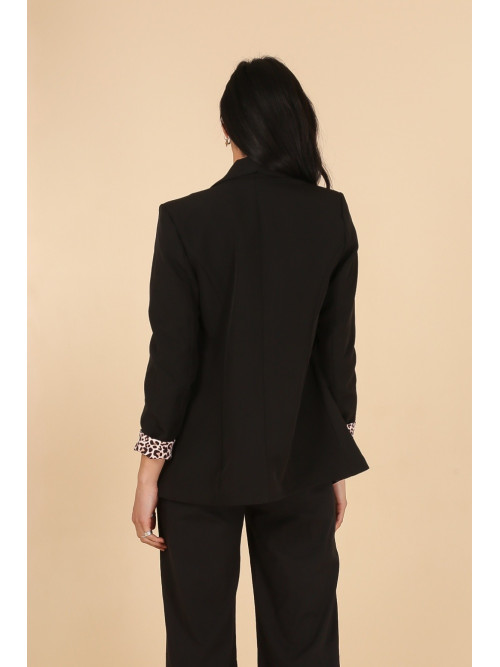 Veste tailleur unie manches longues revers léopard