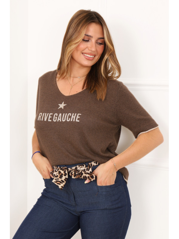 Pull manches courtes col V imprimé Rive Gauche avec étoile