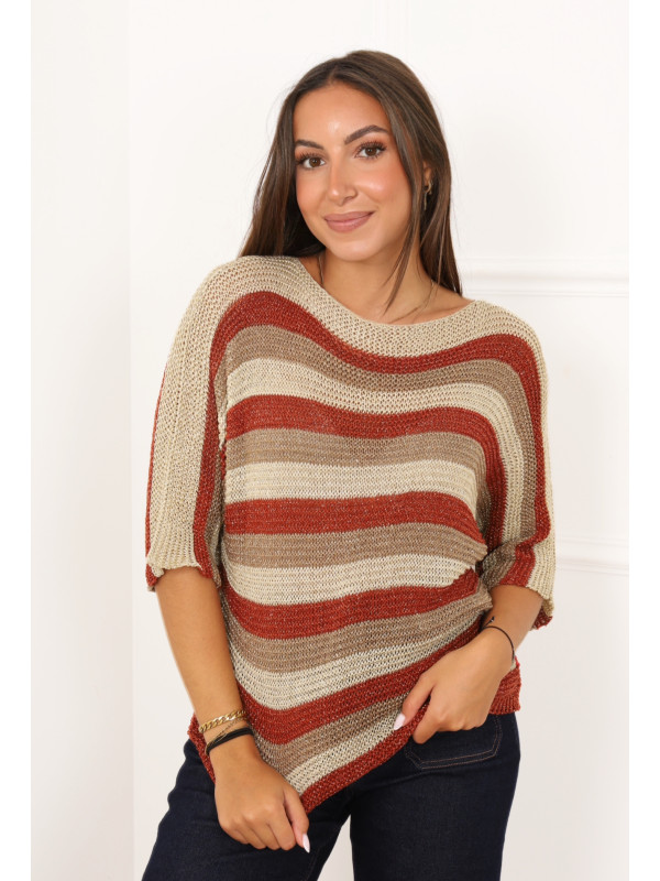 Pull lurex rayures tricolores manches 3/4