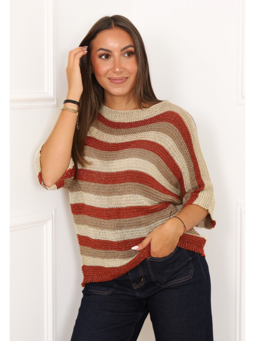 Pull lurex rayures tricolores manches 3/4